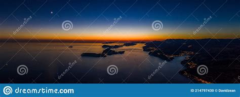 Aerial Panorama Drone Shot Of Sunset Horizon In Adriatic Islands In Dubrovnik In Croatia Summer