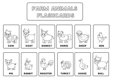 Black And White Farm Animal Flashcards For Kids 9282323 Vector Art At