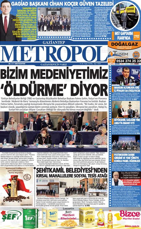 28 Şubat 2022 tarihli Gaziantep Metropol Gazete Manşetleri