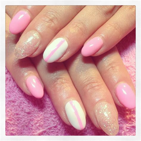 Baby pink, white, frosted glitter oval shape | Gel nails, Nail designs ...