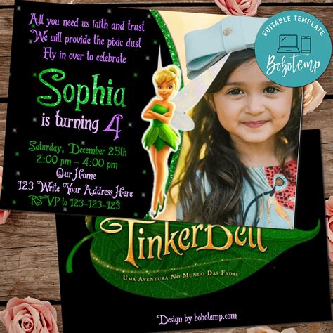 Editable Disney Tinkerbell Birthday Invitation With Photo Diy Bobotemp