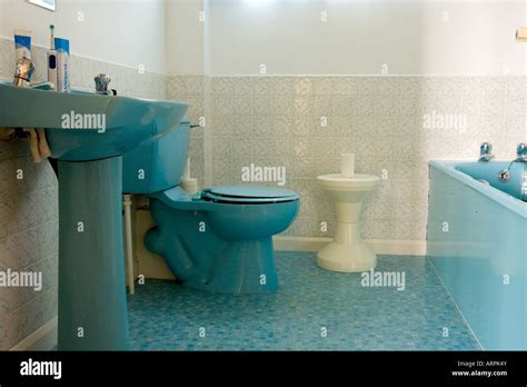Blue Bathroom Suite Toilet Bath And Sink Stock Photo Alamy