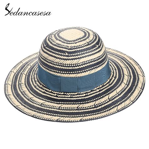 Sedancasesa 2020 Fashion Wide Brim Straw Hats For Women Striped Ribbon