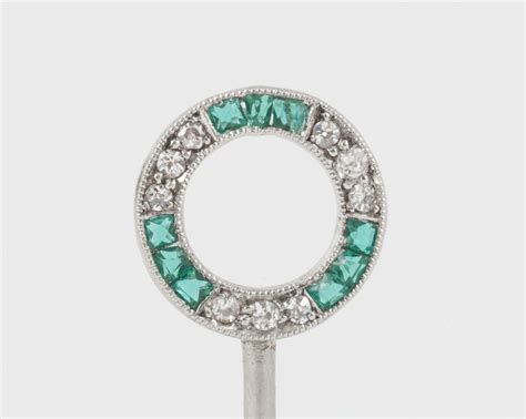Antique Tie Pin Equestrian Winning Post Emeralds Diamonds In Platinum