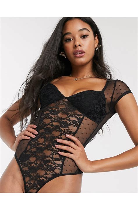 Asos Dobby Mesh And Lace Bodysuit With Seam Details In Black Lyst