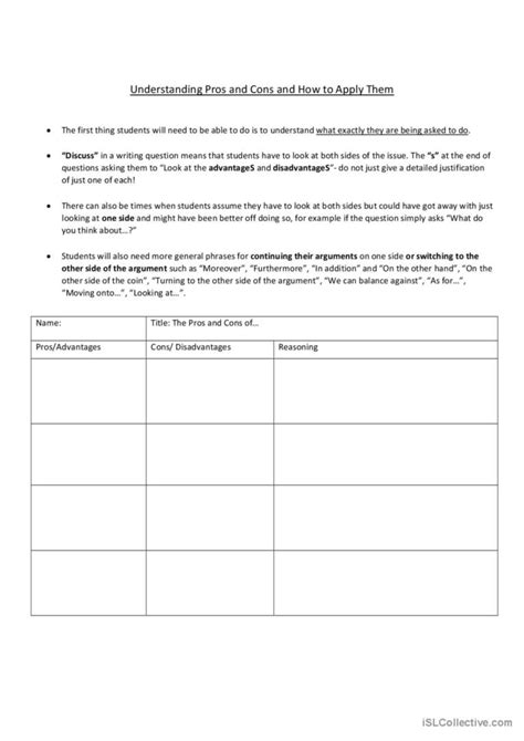 Pros And Cons Work Sheet English Esl Worksheets Pdf Doc
