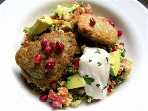 Israeli couscous provides a healthy, high fiber base to the salad, while vitamin packed pomegranate seeds add a sweet and tart burst on top! Food: Couscous Salad with Falafel and Pomegranate
