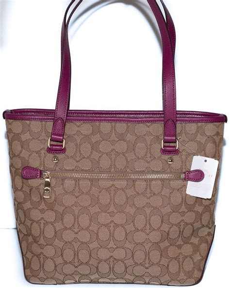 Coach Zip Top Tote In Outline Signature Goldkhakifuchsia For Sale