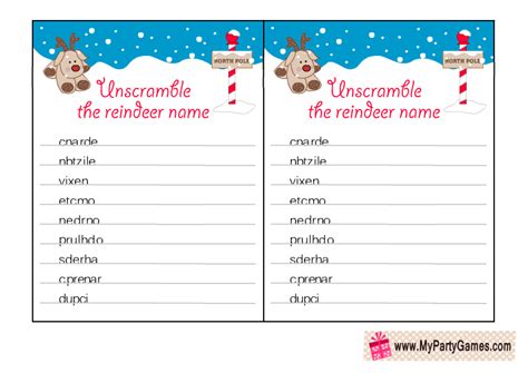 Free Printable Santas Reindeer Name Scramble Puzzle
