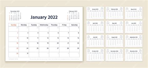 Kalender 2022 Jaar Planner Sjabloon Week Begint Zondag Vector