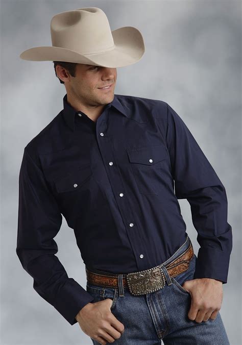 Roper® Mens Navy Long Sleeve Pearl Snap Western Show Shirt Shirts