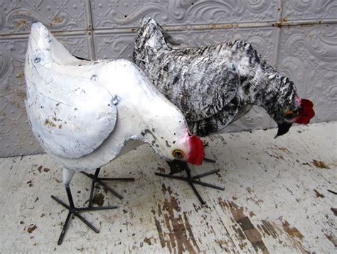 Paint little stones to make pretty garden decorations. Metal Chickens Tin Hens - Yard Art Sculptures