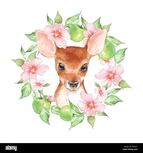 Baby Deer And Flowers Hand Drawn Cute Fawn Watercolor Illustration