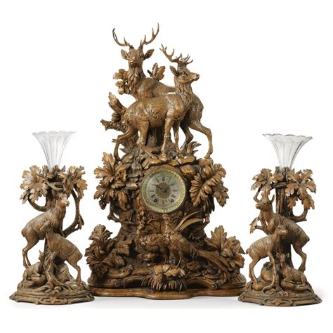 367 A Large German Walnut Sculptural Mantel Clock Garniture Ed Binder And Co Third Quarter