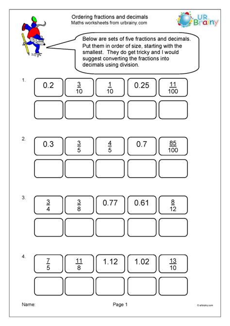 Ordering Fractions And Decimals Fraction And Decimal Worksheets For