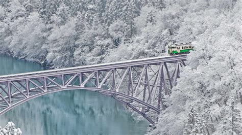 Bing Image Train Crossing The Tadami River In Japan Bing Wallpaper