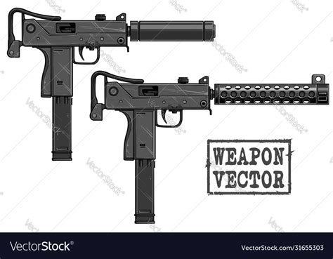 Graphic Detailed Uzi Submachine Gun With Silencer Vector Image