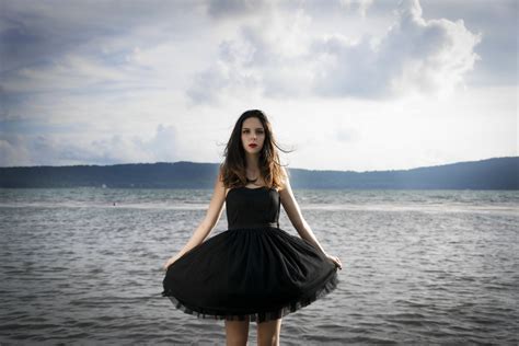 Wallpaper Black Model Portrait Sea Long Hair Lake Water Nature Sky Dress Fashion