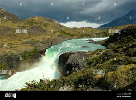 Salto Grande Waterfall Under Cloudy Sky Torres Del Paine National Park