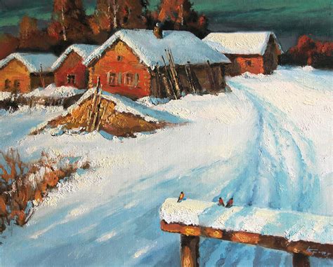 Winter In Village Bullfinchs Painting By Mark Kremer