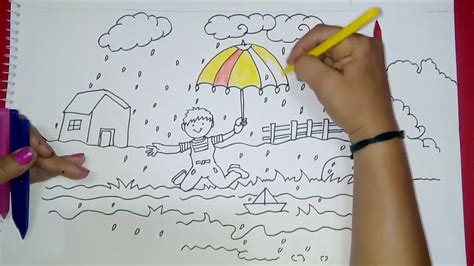 How To Draw Rainy Day Drawing For Kids Boy And Girl In Rain Drawing