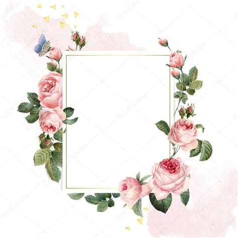 Rectangle frame with brush strokes and outline flowers decoration on marble background. Background: pink and white | Blank Rectangle Pink Roses ...