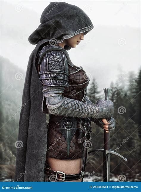 Mysterious Ranger Warrior Female Wearing A Hooded Cape And Leather