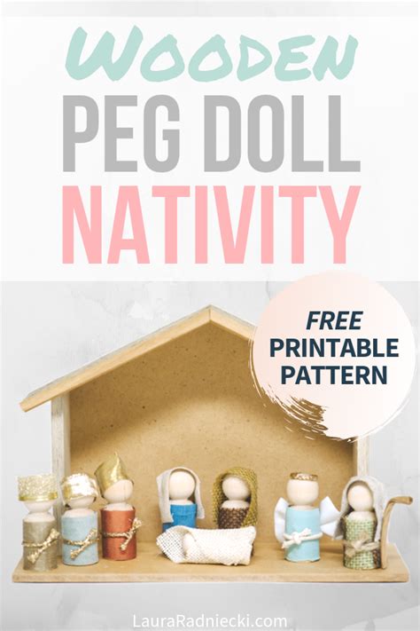 the wooden peg doll nativity is displayed on a shelf with text overlay that reads free printable