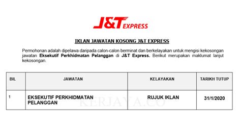 Tarikh tutup permohonan :november 2020 lokasi :pelbagai negeri sektor :swasta kelulusan minimum :ijazah, diploma/stpm, sijil status pelantikan :tetap/kontrak. Jawatan Kosong Terkini J&T Express ~ Eksekutif ...