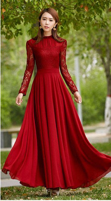 Charming Long Lace Sleeves Pleated Chiffon Long Red Maxi Dress Red