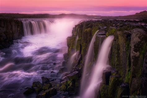 Waterfall Colors Selfoss Waterfall From Far At Sunset Iceland