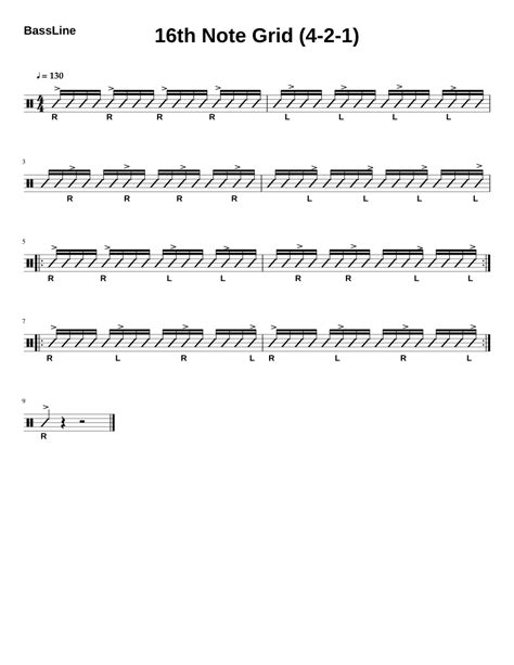 16th Note Grid 4 2 1 Bassline Sheet Music For Bass Drum Solo
