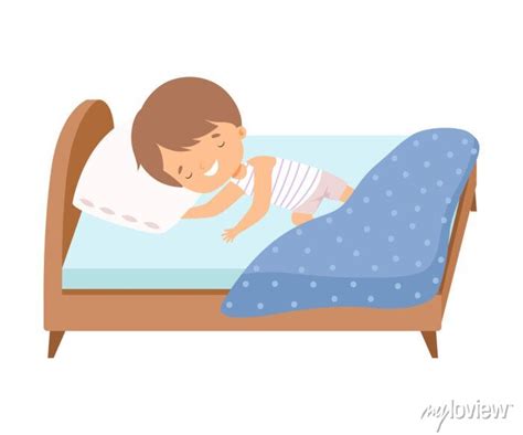 Cute Smiling Little Boy Sleeping Sweetly In His Bed Vector Illustration