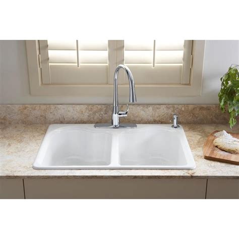 Cast iron sinks, which are usually covered in a protective coating of sturdy porcelain, retain their shine for years with regular preventative maintenance. KOHLER Hartland Drop-In Cast Iron 33 in. 4-Hole Double ...