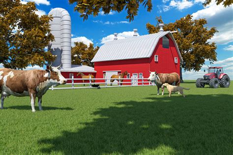 Farm Scene With Red Barn And Farm Animals Stock Photo Download Image