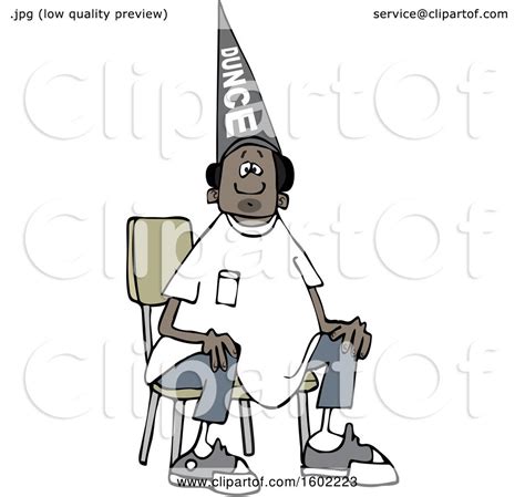 Clipart Of A Cartoon Black Boy Wearing A Dunce Hat And Sitting In A