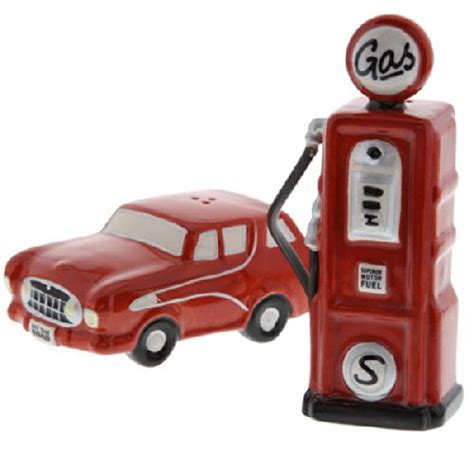 road trip red retro gas pump and car ceramic salt and pepper shakers set