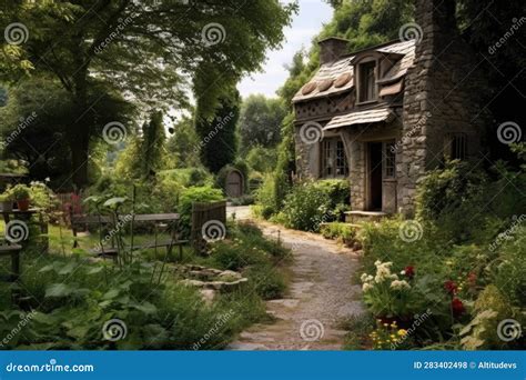 Rustic Stone House With A Charming Garden Stock Illustration