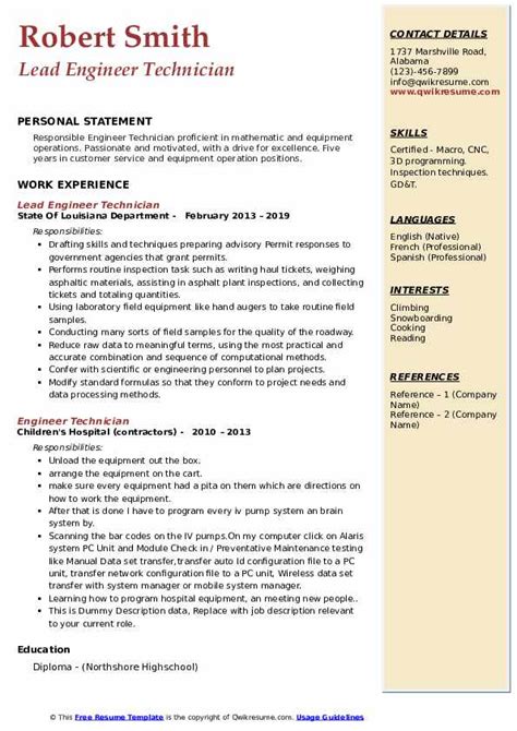 To obtain a management position at an established professional company where project management, manufacturing, design and communication skills. Engineer Technician Resume Samples | QwikResume
