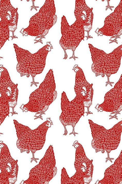 Red Hens By Threebearsprints Hand Illustrated Hens In Red On Fabric