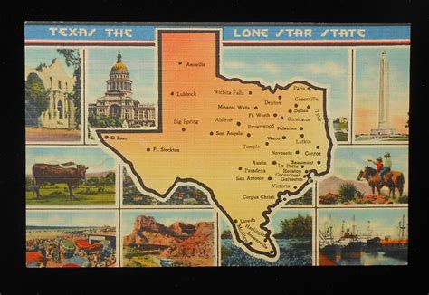 1940s State Map Of Texas Lone Star State Tiny Views Tx Postcard
