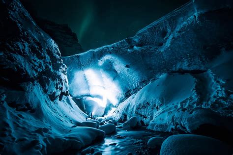 Hd Wallpaper Ice Cave Glacier Man Snow Nature Blue