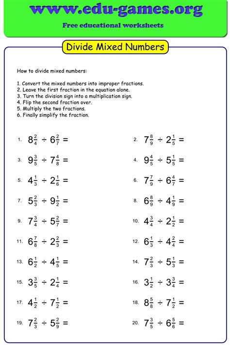 Dividing Mixed Numbers Worksheet Grade 6