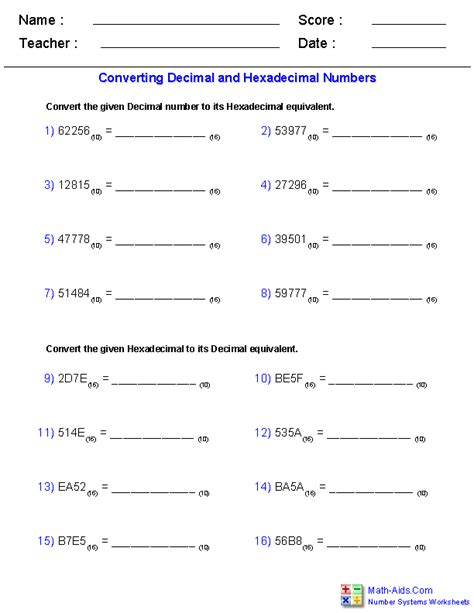 Decimal And Hexadecimal Worksheets Math Aidscom Pinterest