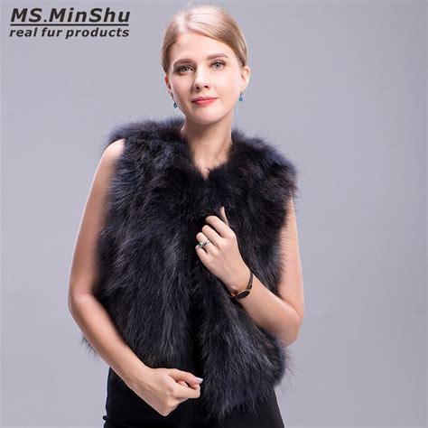 Ms Minshu Raccoon Fur Vest Grey Short Winter Fox Fur Vest Sleeveless Women Raccoon Fur Coat