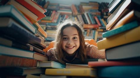 Premium Photo Young Girl Resting On Stack Of Books For Reading World