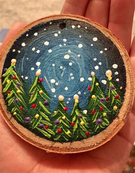 Hand Painted Christmas Tree Wood Slice Ornament Night Sky Etsy