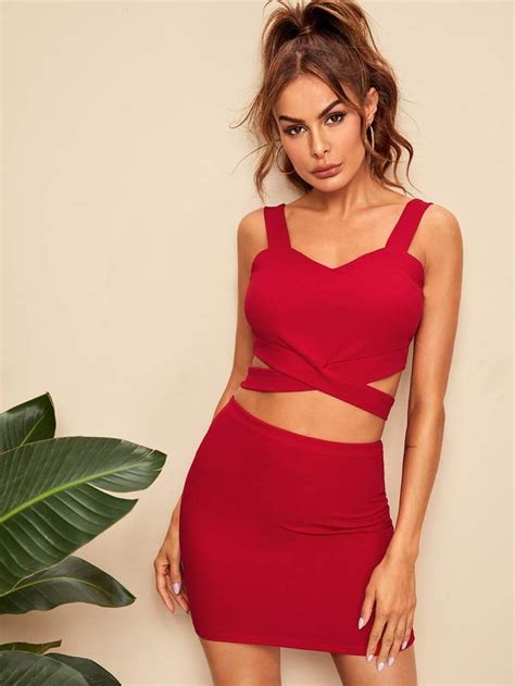 shein crisscross slim fitted crop tank top and skirt set tank top skirt cropped tank top fashion