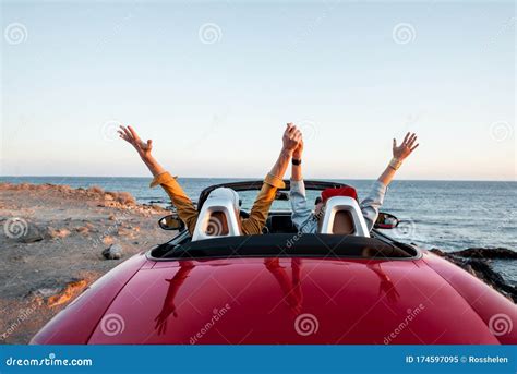Couple Driving Convertible Car Near The Ocean Stock Image Image Of