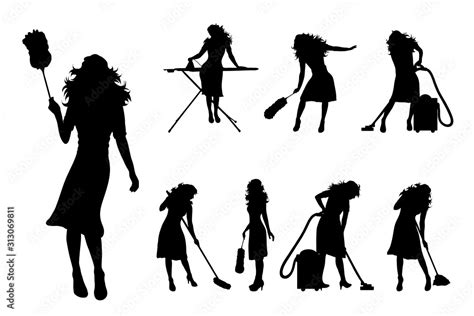 Vector Silhouette Of Collection Of Cleaning Lady With Different Tools